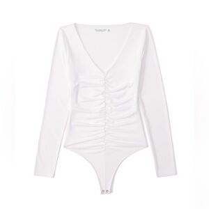 Abercrombie & Fitch Ruched V Neck Bodysuit Long Sleeve White XXS NEW Casualwear